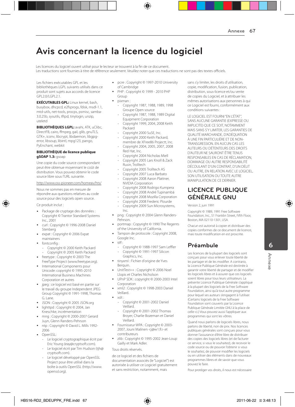 67 avis concernant la licence du logiciel, Avis concernant la licence du logiciel, Licence publique générale gnu | Préambule, Annexe 67 annex e | Pioneer BCS-HW919 User Manual | Page 133 / 412