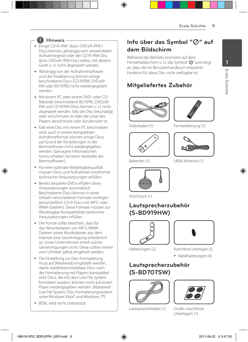 Info über das symbol, 7” auf dem, Bildschirm | Mitgeliefertes zubehör, Lautsprecherzubehör (s-bd919hw), Lautsprecherzubehör (s-bd707sw), Info über das symbol “ 7 ” auf dem bildschirm | Pioneer BCS-HW919 User Manual | Page 147 / 412