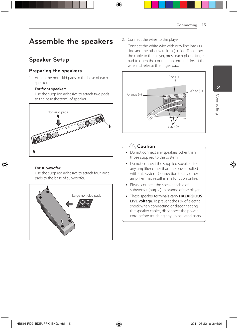 Assemble the speakers, 15 – speaker setup, Speaker setup | Preparing the speakers, Caution | Pioneer BCS-HW919 User Manual | Page 15 / 412
