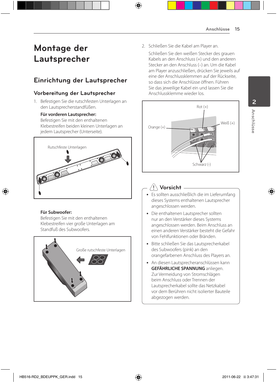 Montage der lautsprecher, 15 – einrichtung der lautsprecher, Einrichtung der lautsprecher | Vorbereitung der lautsprecher, Vorsicht | Pioneer BCS-HW919 User Manual | Page 153 / 412