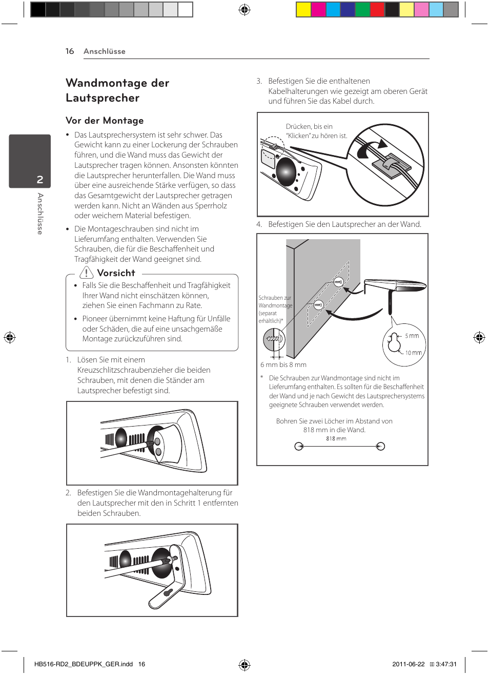 16 – wandmontage der lautsprecher, Wandmontage der lautsprecher, Vor der montage | Vorsicht | Pioneer BCS-HW919 User Manual | Page 154 / 412