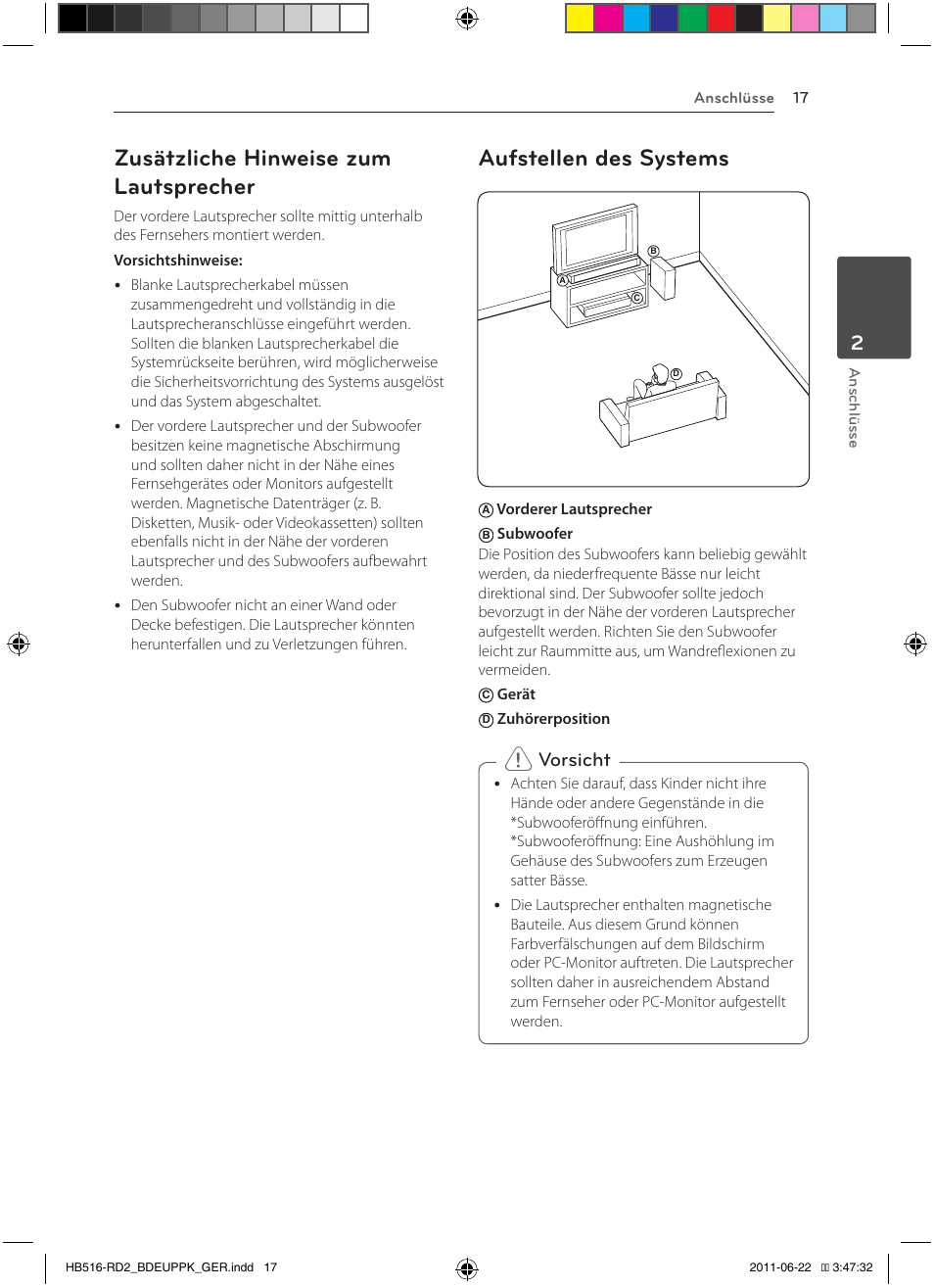 Zusätzliche hinweise zum lautsprecher, Aufstellen des systems, Vorsicht | Pioneer BCS-HW919 User Manual | Page 155 / 412