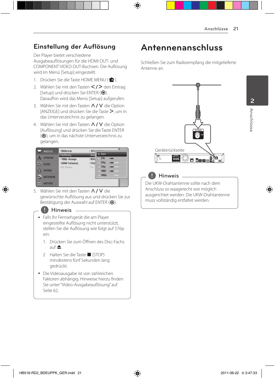 21 – einstellung der auflösung 21, Antennenanschluss, Einstellung der auflösung | Pioneer BCS-HW919 User Manual | Page 159 / 412