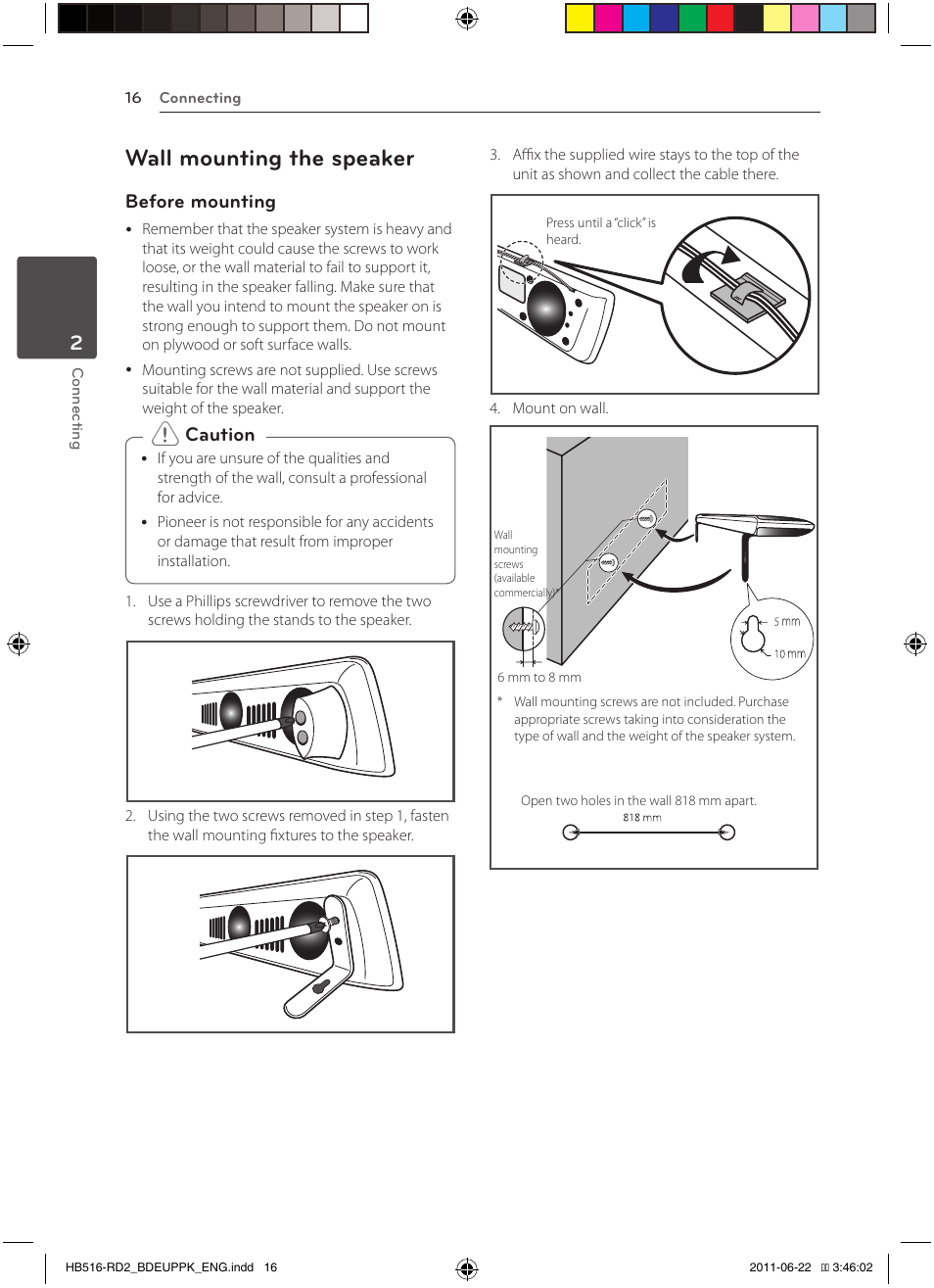 16 – wall mounting the speaker, Wall mounting the speaker, Before mounting | Caution | Pioneer BCS-HW919 User Manual | Page 16 / 412