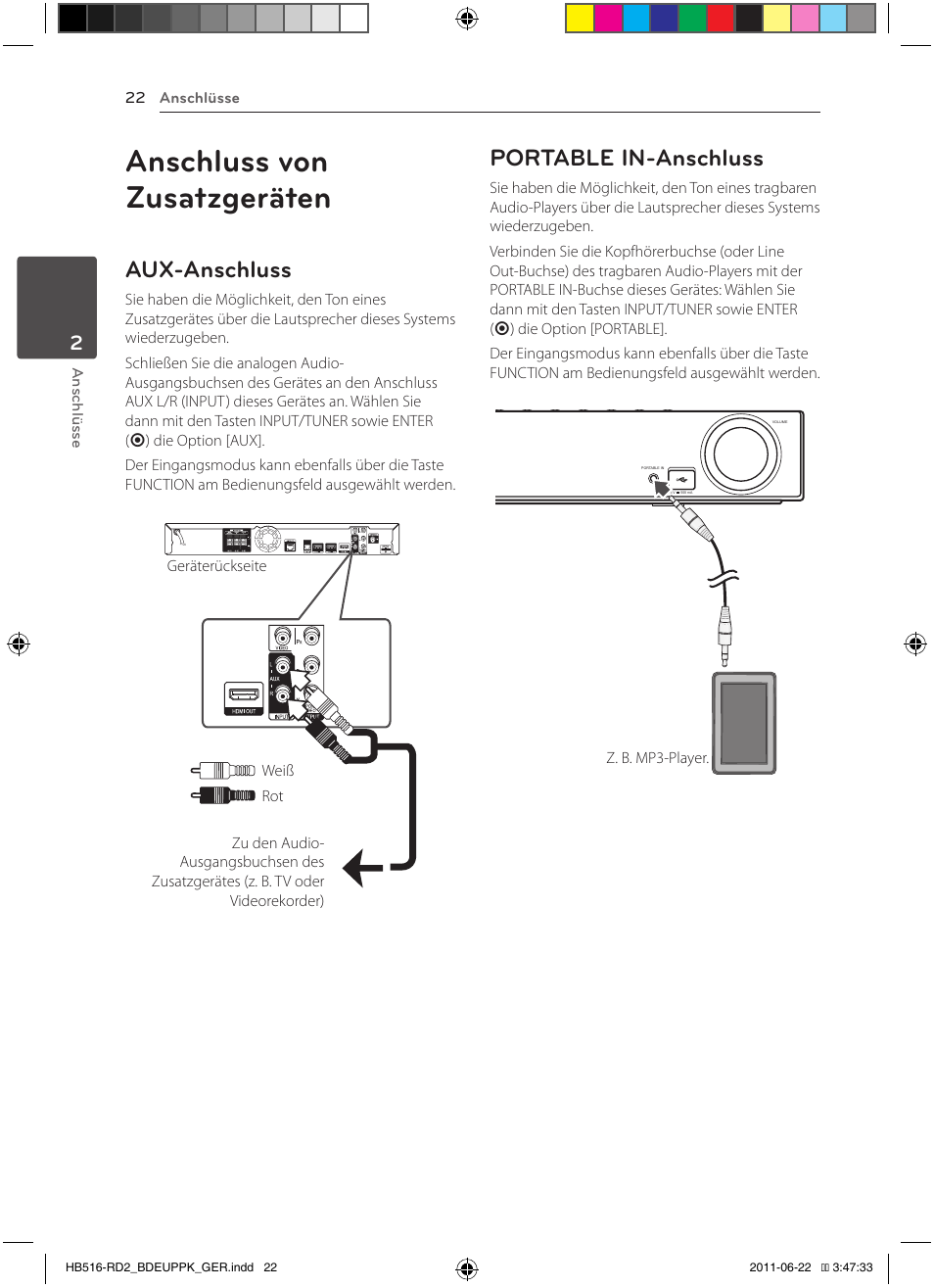 Anschluss von zusatzgeräten, Aux-anschluss, Portable in-anschluss | Pioneer BCS-HW919 User Manual | Page 160 / 412