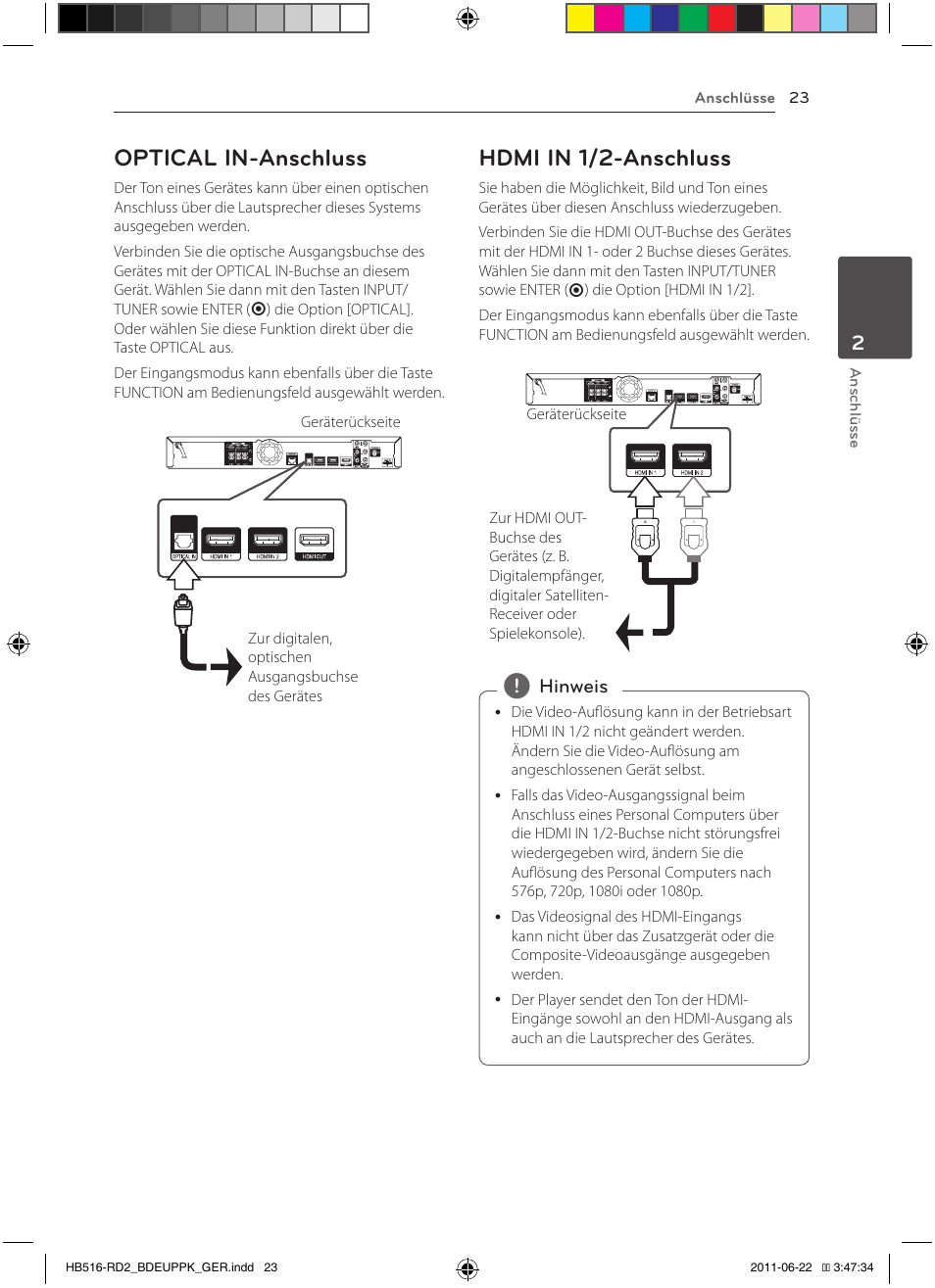 23 – optical in-anschluss, 23 – hdmi in 1/2-anschluss, Optical in-anschluss | Hdmi in 1/2-anschluss | Pioneer BCS-HW919 User Manual | Page 161 / 412