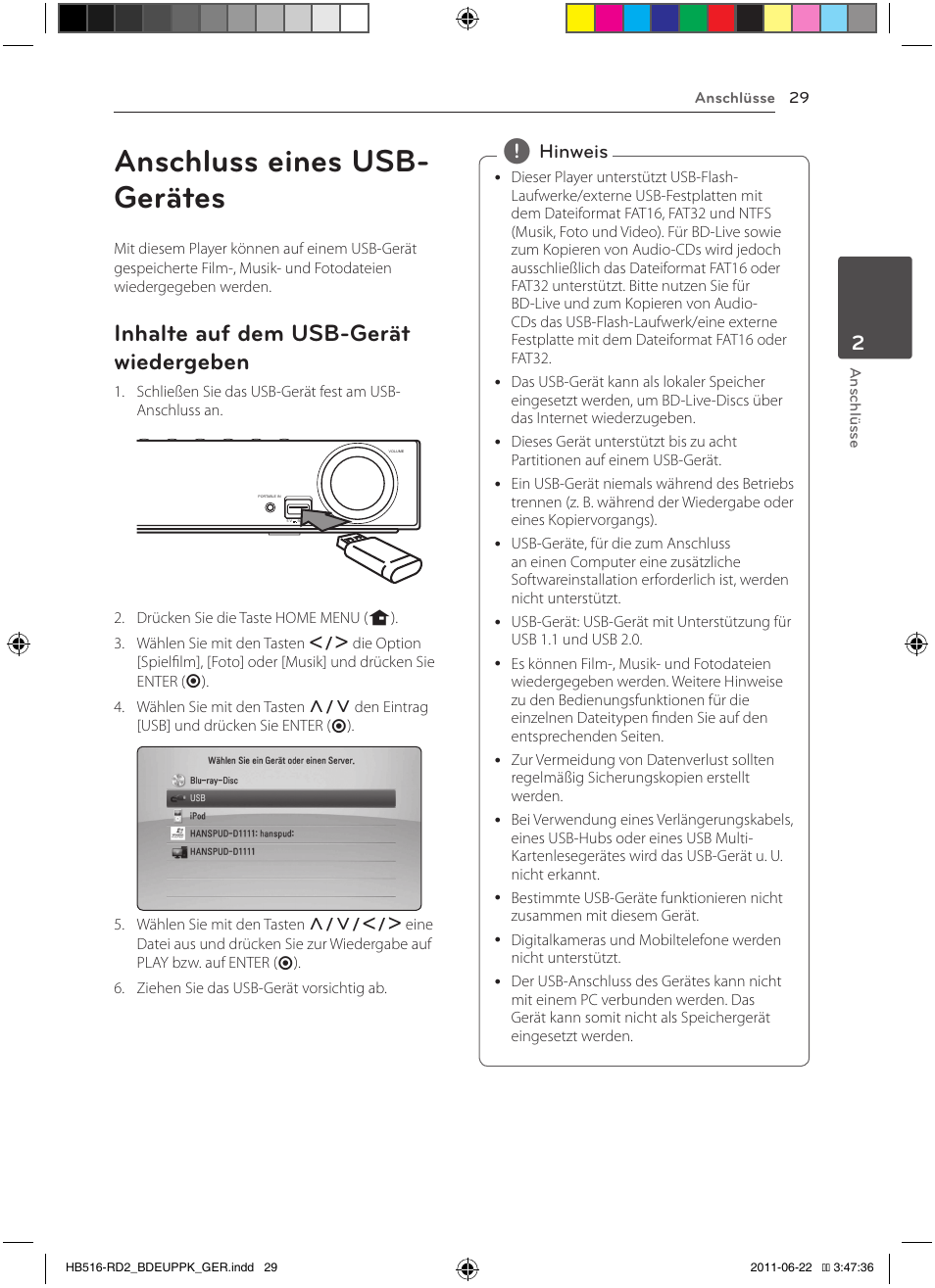 Wiedergeben, Anschluss eines usb- gerätes, Inhalte auf dem usb-gerät wiedergeben | Hinweis | Pioneer BCS-HW919 User Manual | Page 167 / 412