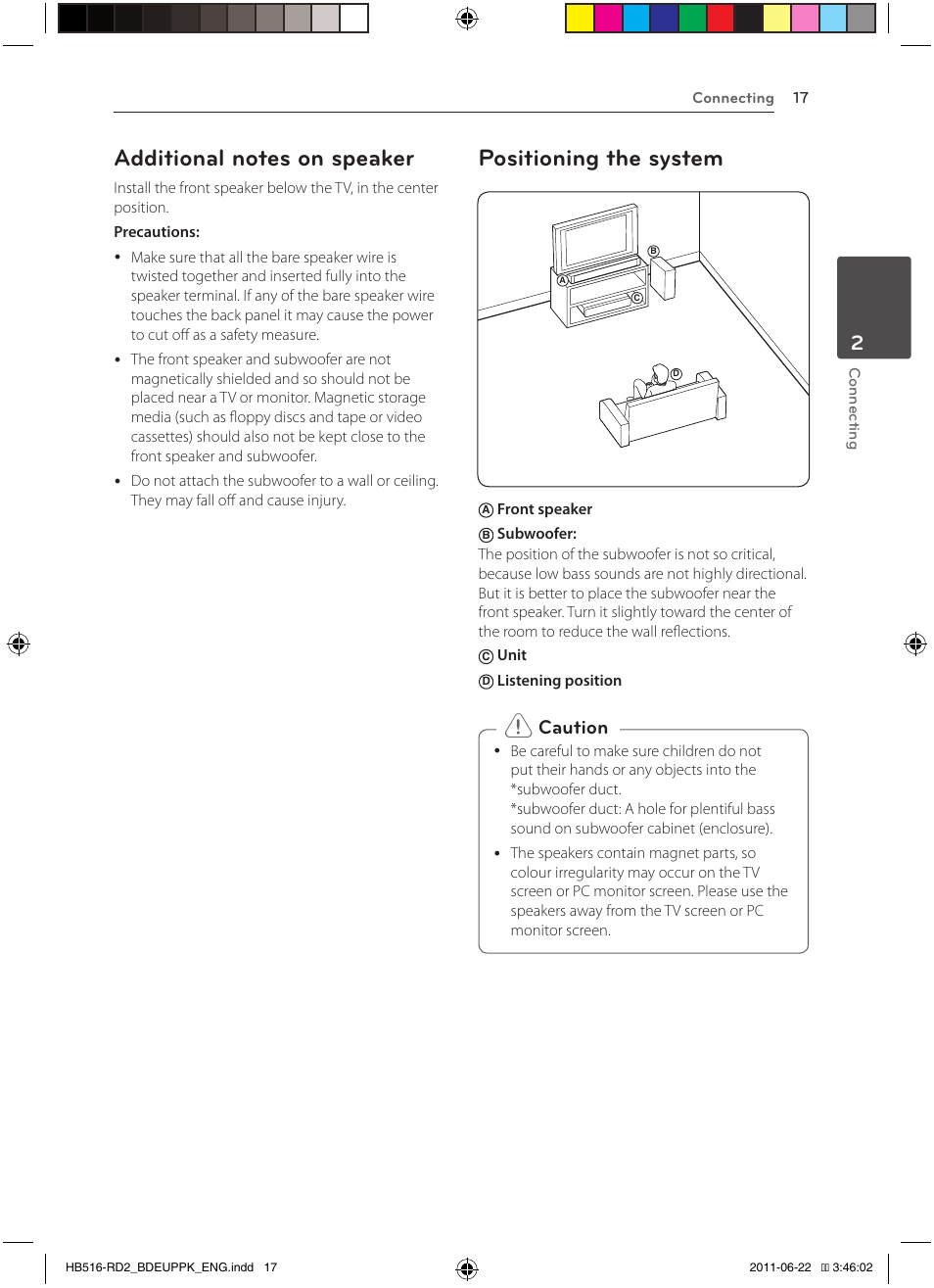 Additional notes on speaker, Positioning the system, Caution | Pioneer BCS-HW919 User Manual | Page 17 / 412