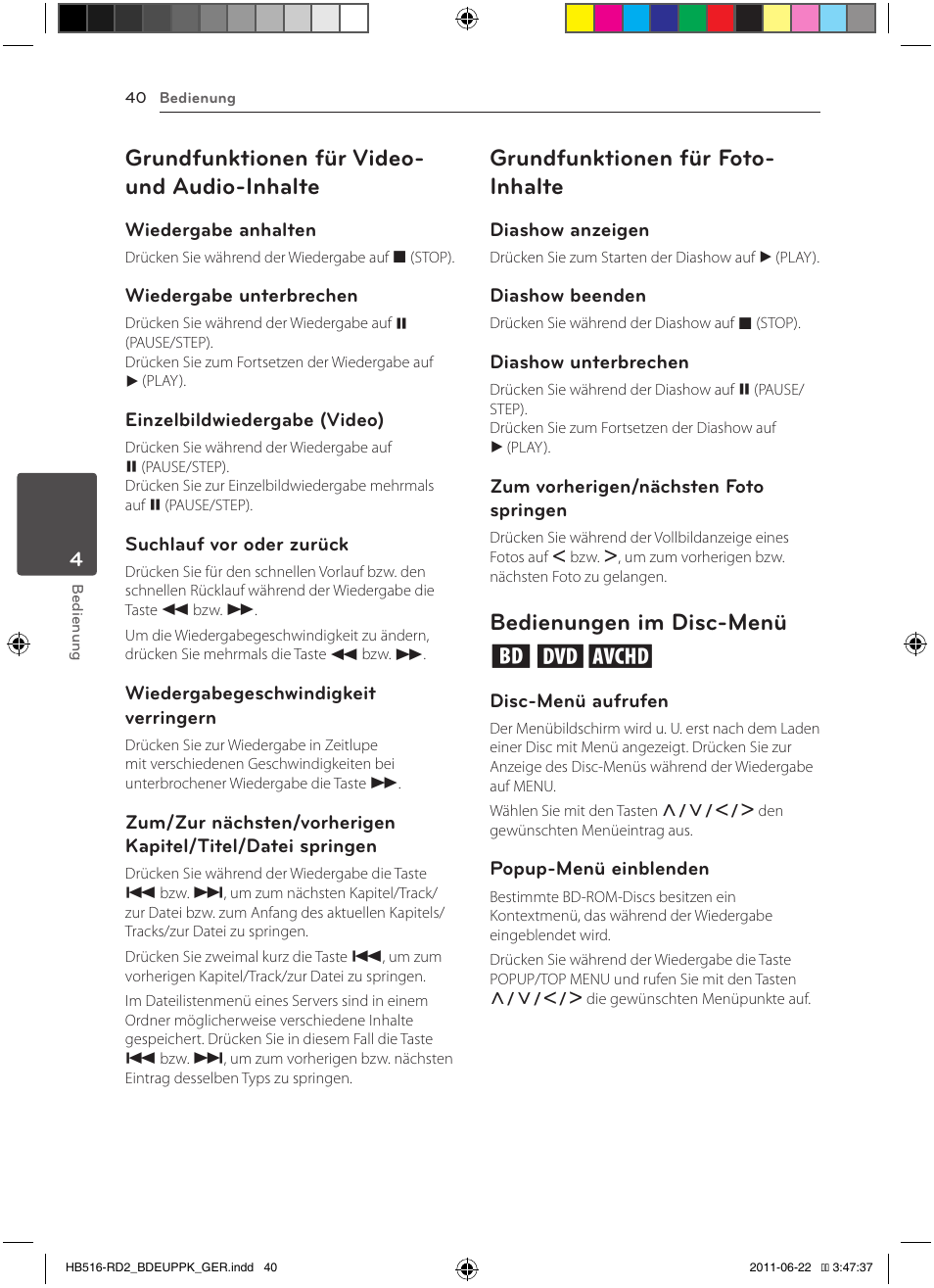 40 – grundfunktionen für video- und, Audio-inhalte, Grundfunktionen für video- und audio-inhalte | Grundfunktionen für foto- inhalte, Bedienungen im disc-menü ero | Pioneer BCS-HW919 User Manual | Page 178 / 412