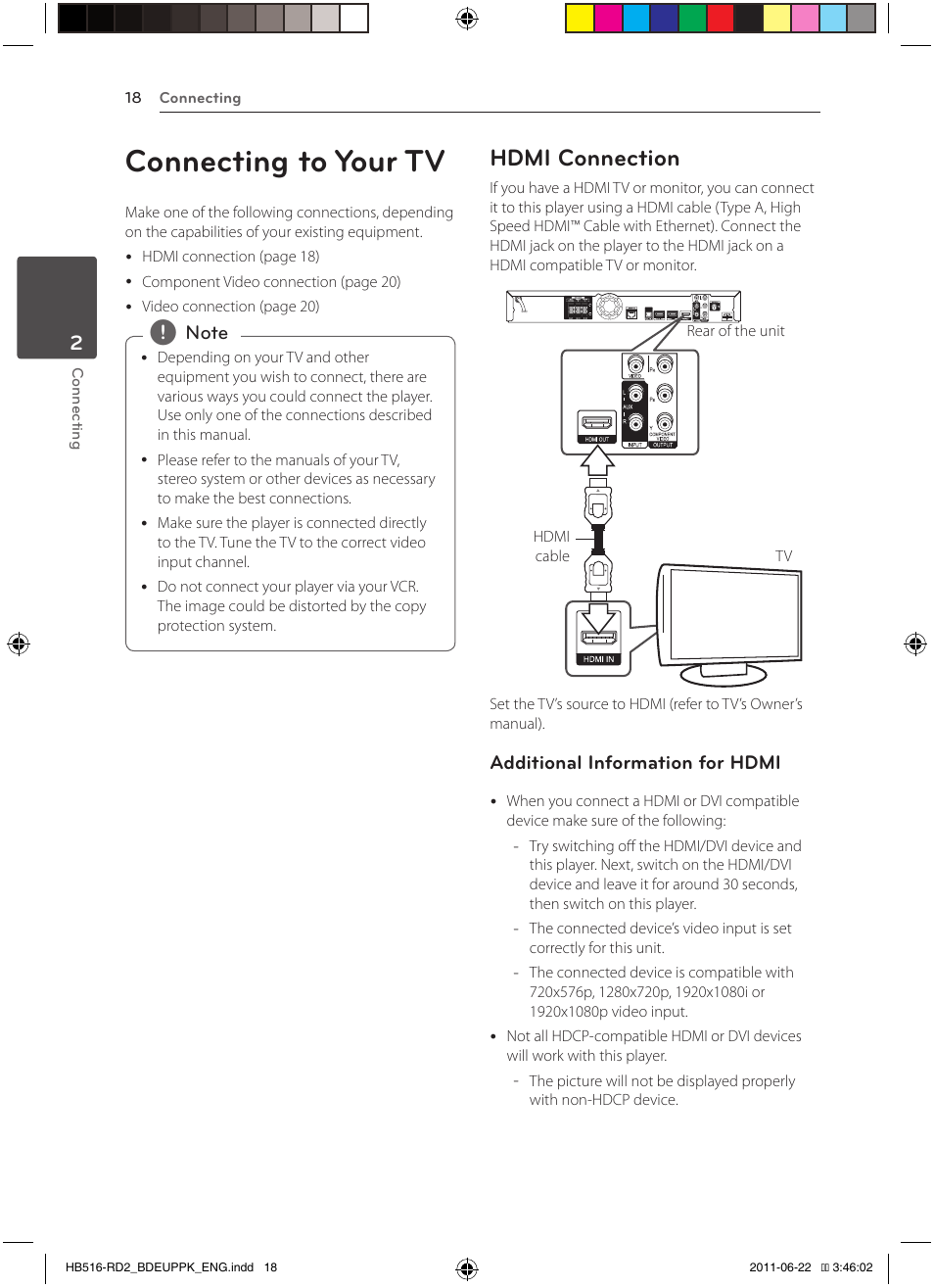 18 connecting to your tv 18 – hdmi connection, Connecting to your tv, Hdmi connection | Pioneer BCS-HW919 User Manual | Page 18 / 412