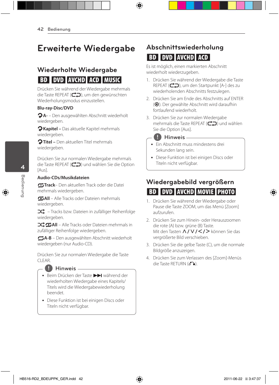 Erweiterte wiedergabe, Wiederholte wiedergabe erotu, Abschnittswiederholung erot | Wiedergabebild vergrößern eroyi | Pioneer BCS-HW919 User Manual | Page 180 / 412