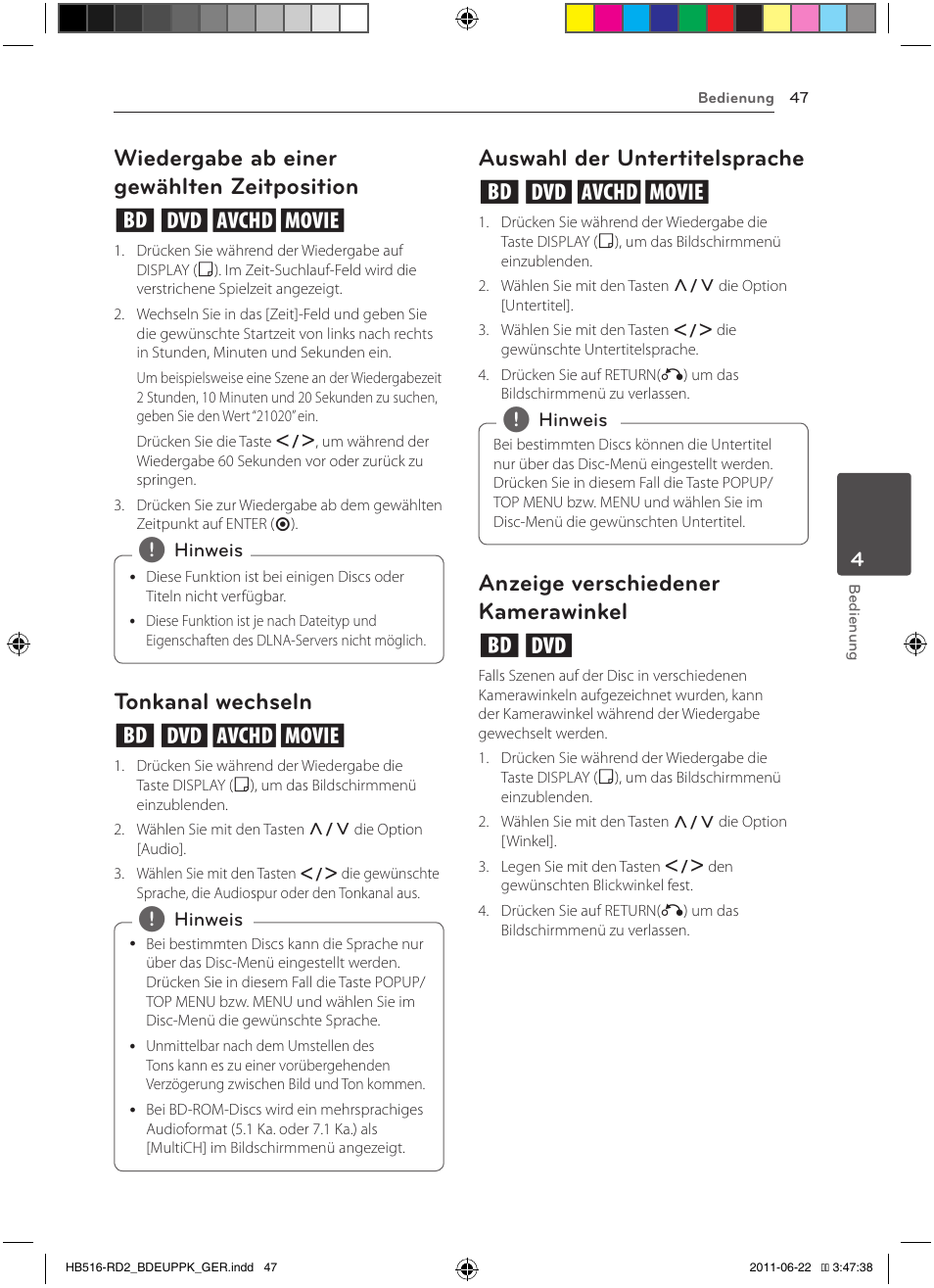 47 – wiedergabe ab einer gewählten, Zeitposition, Wiedergabe ab einer gewählten zeitposition eroy | Tonkanal wechseln eroy, Auswahl der untertitelsprache eroy, Anzeige verschiedener kamerawinkel er | Pioneer BCS-HW919 User Manual | Page 185 / 412