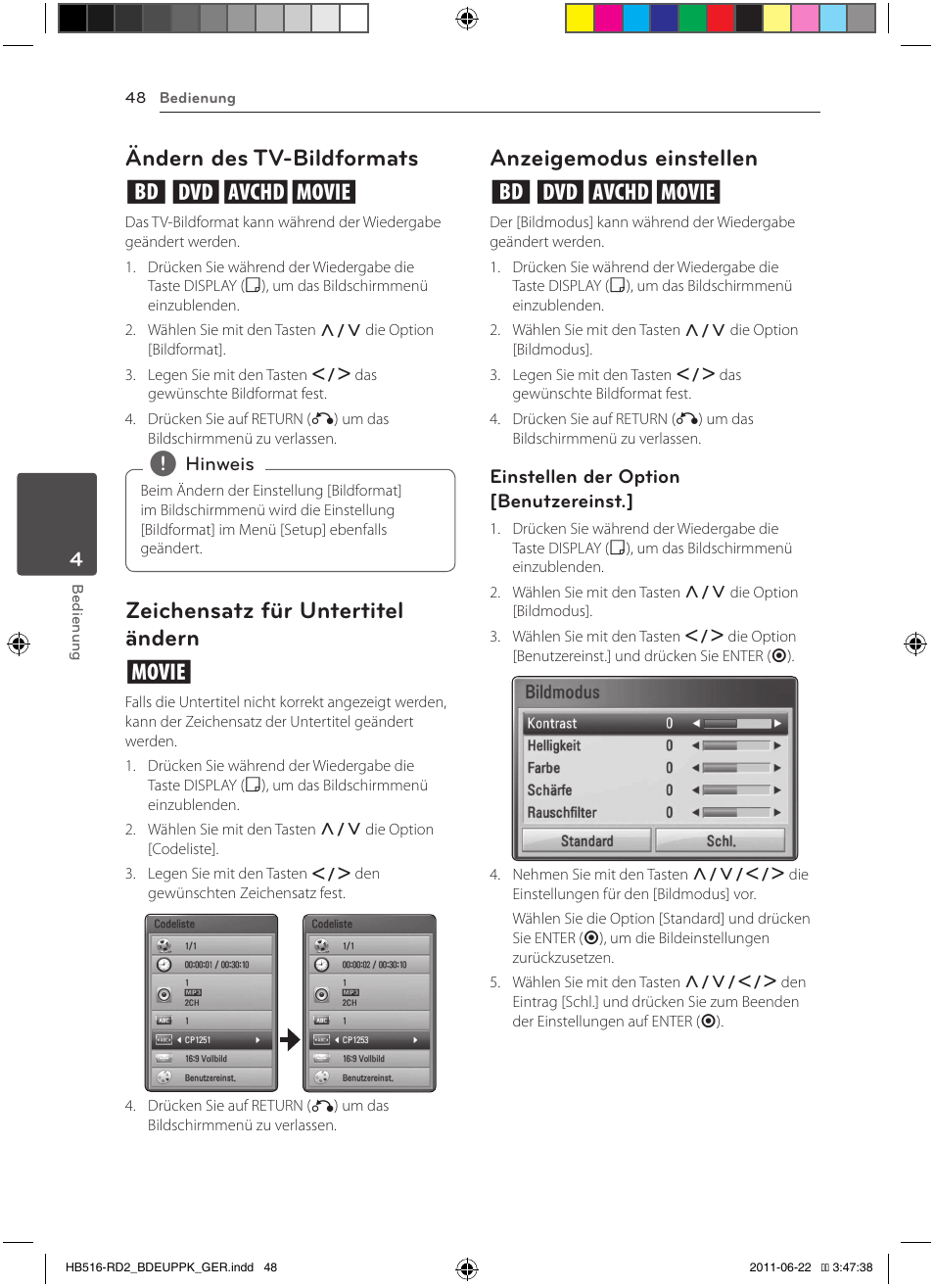 Ändern des tv-bildformats eroy, Zeichensatz für untertitel ändern y, Anzeigemodus einstellen eroy | Pioneer BCS-HW919 User Manual | Page 186 / 412
