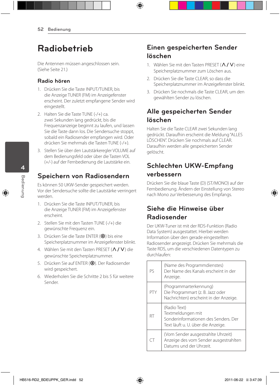 Verbessern, 52 – siehe die hinweise über radiosender, Radiobetrieb | Speichern von radiosendern, Einen gespeicherten sender löschen, Alle gespeicherten sender löschen, Schlechten ukw-empfang verbessern, Siehe die hinweise über radiosender | Pioneer BCS-HW919 User Manual | Page 190 / 412