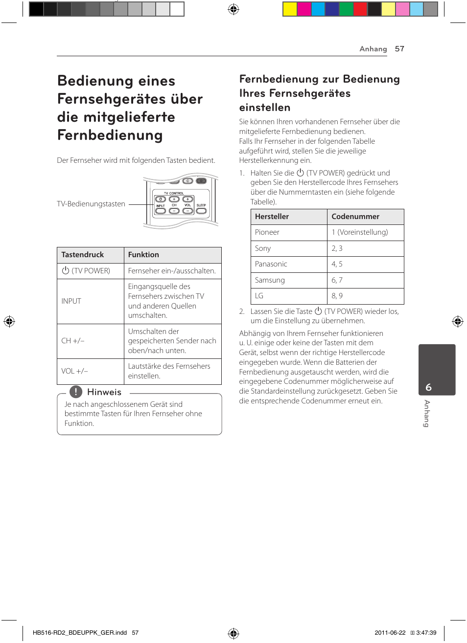 57 bedienung eines fernsehgerätes über die, Mitgelieferte fernbedienung, 57 – fernbedienung zur bedienung ihres | Fernsehgerätes einstellen | Pioneer BCS-HW919 User Manual | Page 195 / 412