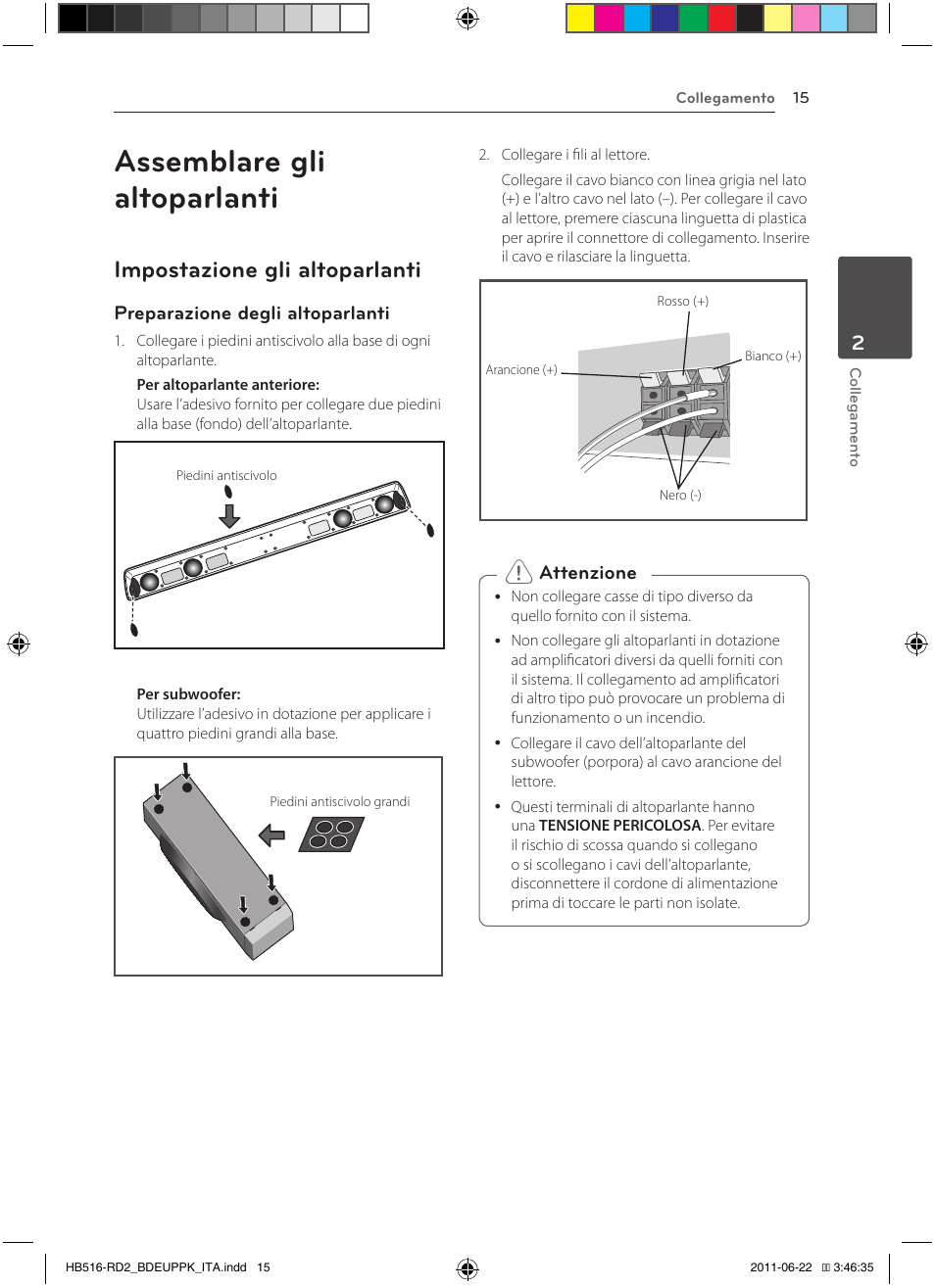 Assemblare gli altoparlanti, 15 – impostazione gli altoparlanti, Impostazione gli altoparlanti | Preparazione degli altoparlanti, Attenzione | Pioneer BCS-HW919 User Manual | Page 219 / 412