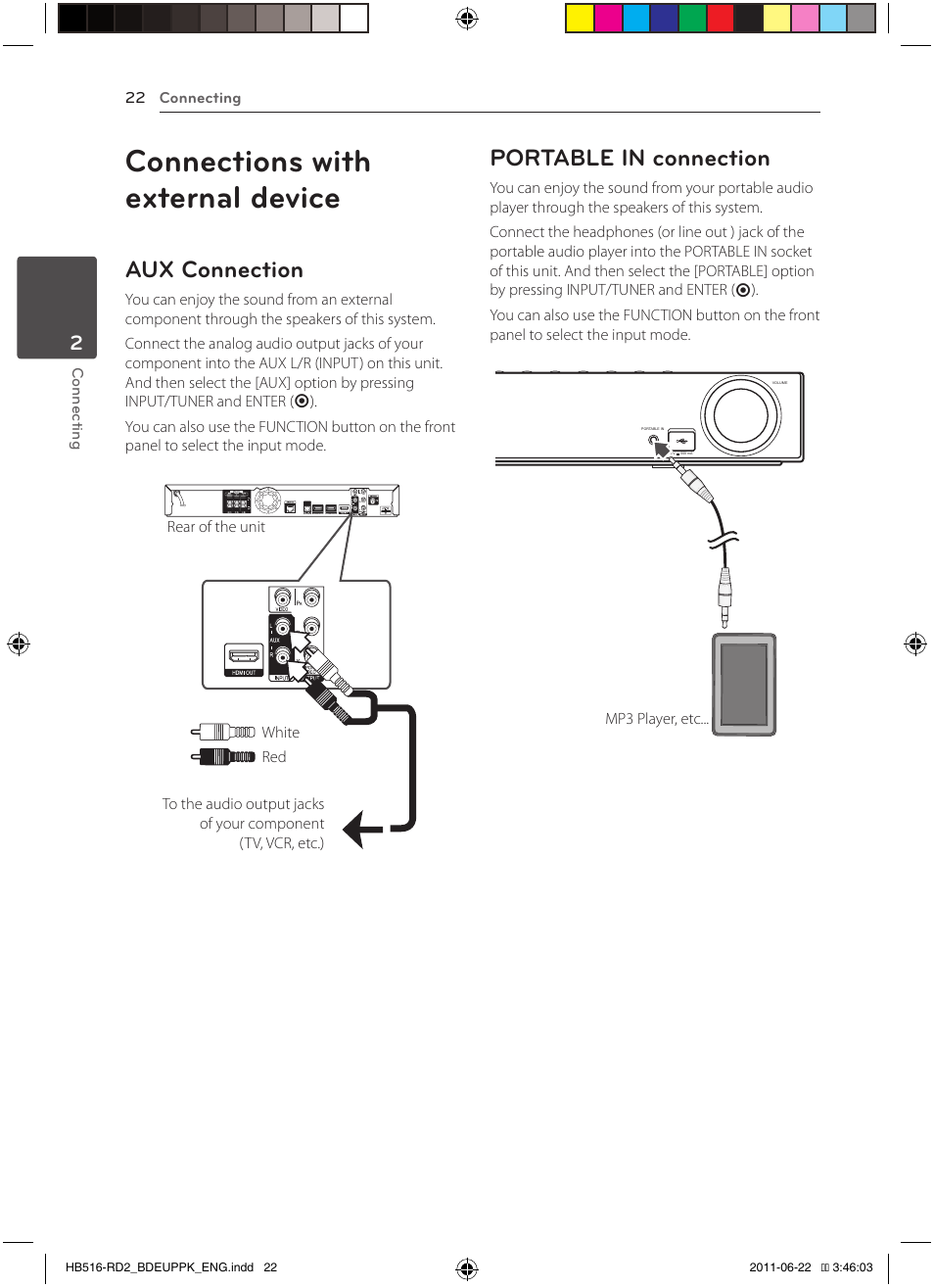 Connections with external device, Aux connection, Portable in connection | Pioneer BCS-HW919 User Manual | Page 22 / 412