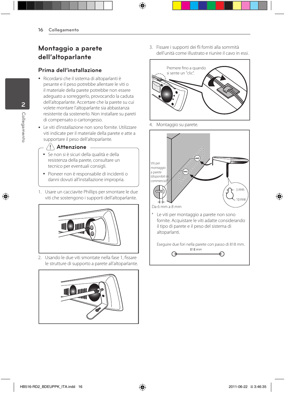 16 – montaggio a parete dell’altoparlante, Montaggio a parete dell’altoparlante, Prima dell’installazione | Attenzione | Pioneer BCS-HW919 User Manual | Page 220 / 412