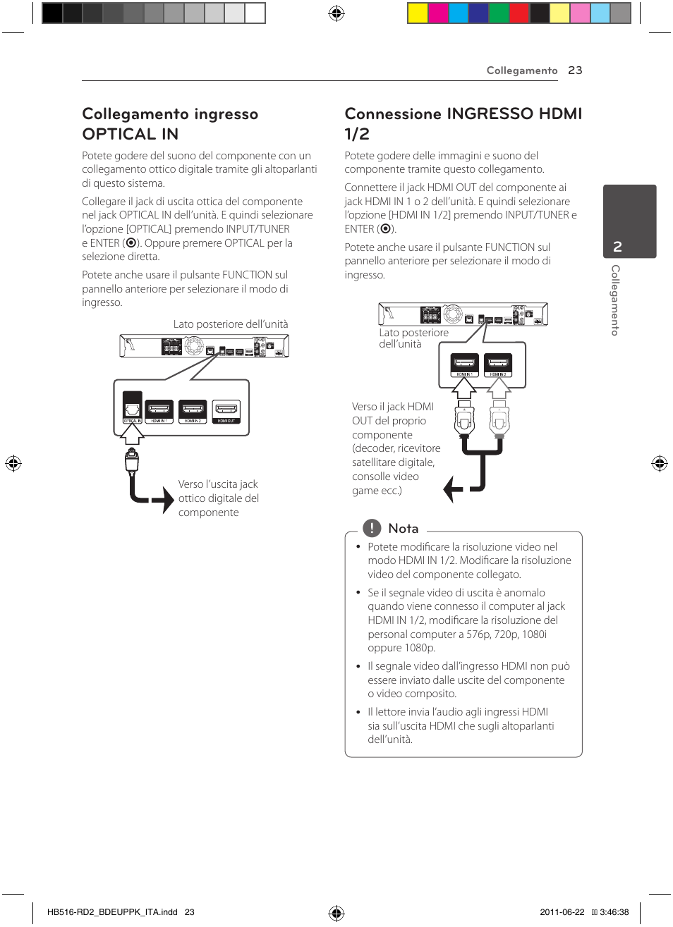 23 – collegamento ingresso optical in, 23 – connessione ingresso hdmi 1/2, Collegamento ingresso optical in | Connessione ingresso hdmi 1/2 | Pioneer BCS-HW919 User Manual | Page 227 / 412