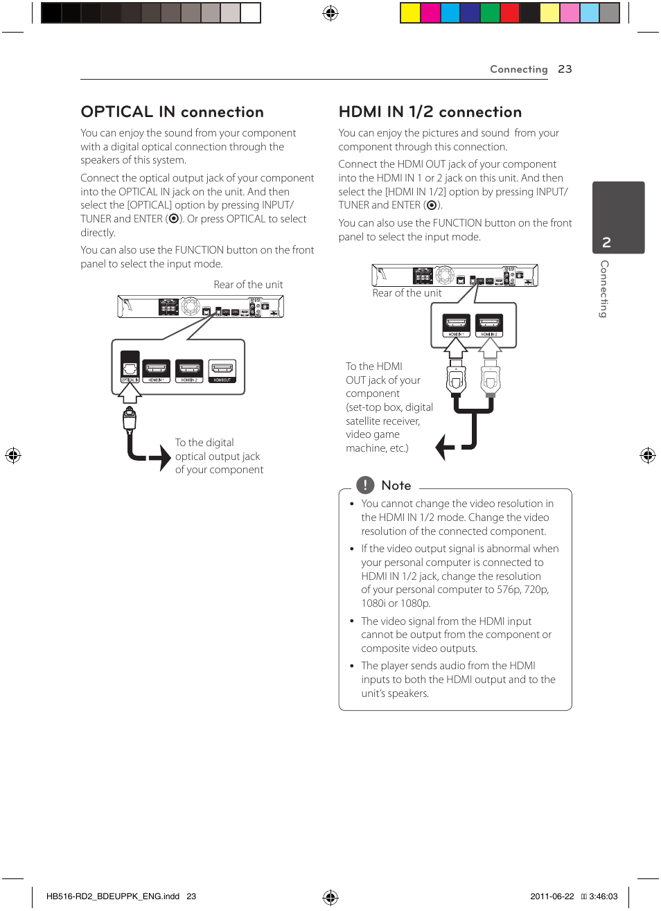 Optical in connection, Hdmi in 1/2 connection | Pioneer BCS-HW919 User Manual | Page 23 / 412