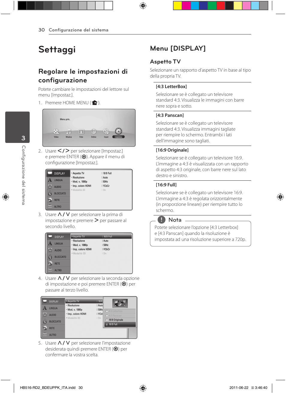 30 settaggi 30 – regolare le impostazioni di, Configurazione, 30 – menu [display | Settaggi, Regolare le impostazioni di configurazione, Menu [display | Pioneer BCS-HW919 User Manual | Page 234 / 412