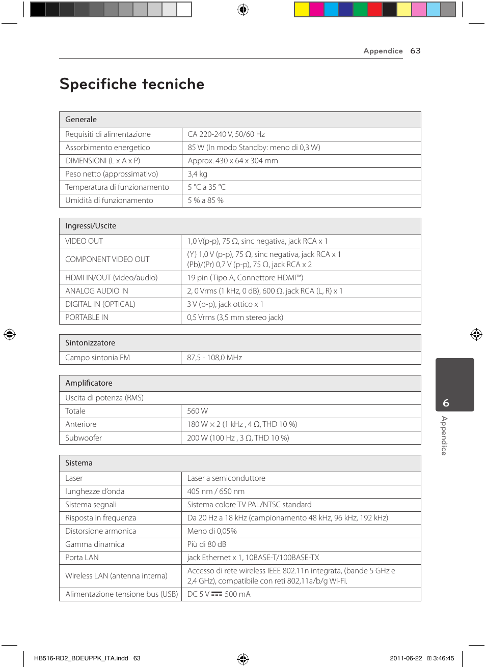 63 specifiche tecniche, Specifiche tecniche | Pioneer BCS-HW919 User Manual | Page 267 / 412