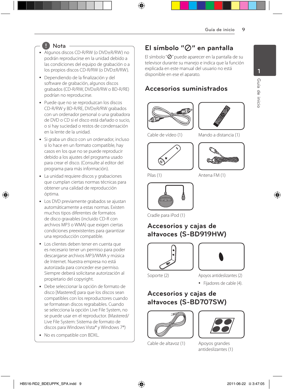 El símbolo, 7” en pantalla, Accesorios suministrados | Accesorios y cajas de altavoces (s-bd919hw), Accesorios y cajas de altavoces (s-bd707sw), El símbolo “ 7 ” en pantalla | Pioneer BCS-HW919 User Manual | Page 279 / 412