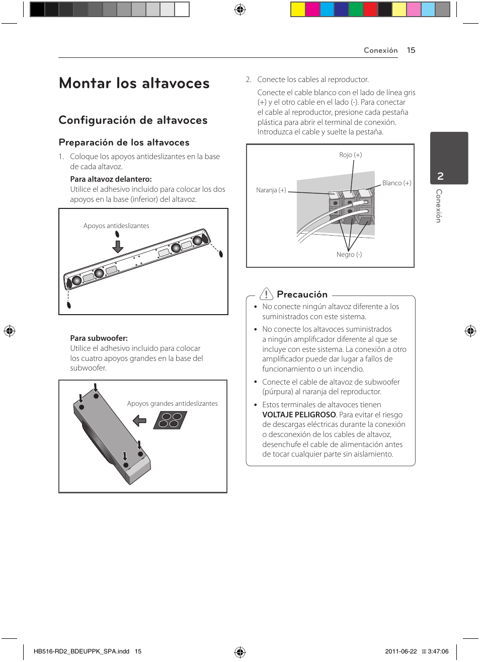 Montar los altavoces, 15 – configuración de altavoces, Configuración de altavoces | Preparación de los altavoces, Precaución | Pioneer BCS-HW919 User Manual | Page 285 / 412