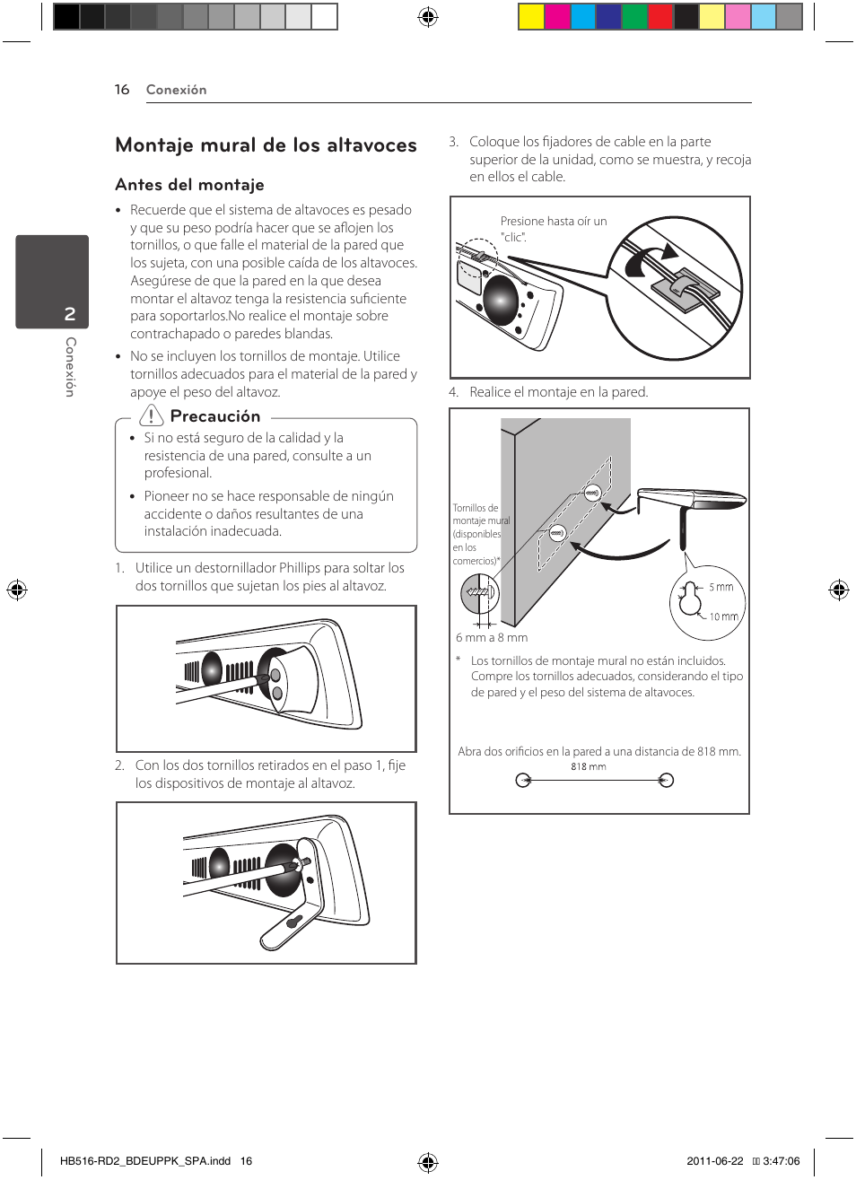 16 – montaje mural de los altavoces, Montaje mural de los altavoces, Antes del montaje | Precaución | Pioneer BCS-HW919 User Manual | Page 286 / 412