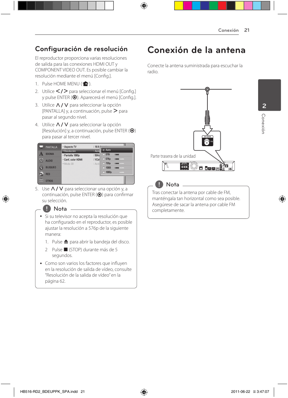 21 – configuración de resolución 21, Conexión de la antena, Configuración de resolución | Pioneer BCS-HW919 User Manual | Page 291 / 412