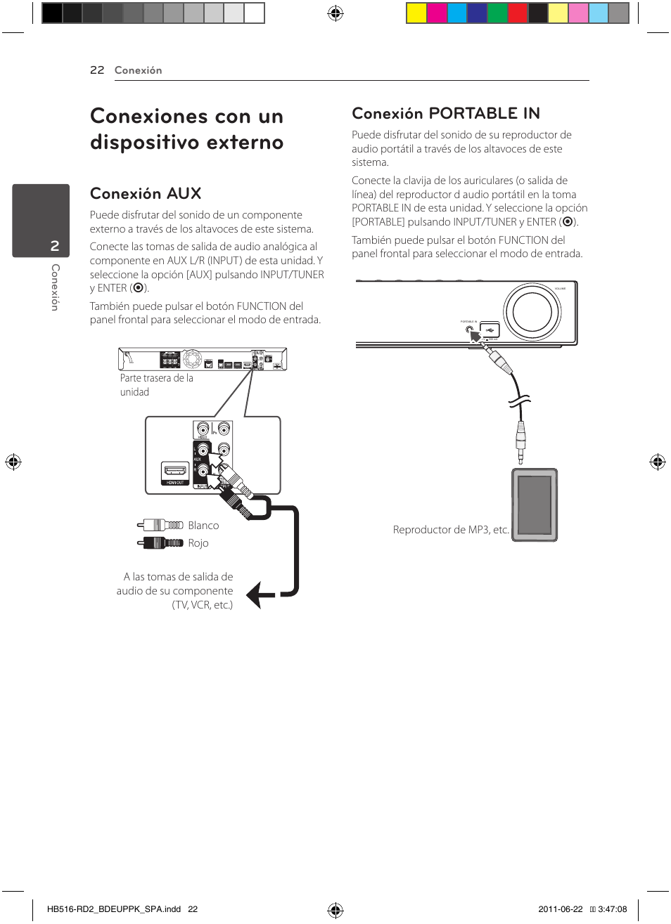 Conexiones con un dispositivo externo, Conexión aux, Conexión portable in | Pioneer BCS-HW919 User Manual | Page 292 / 412