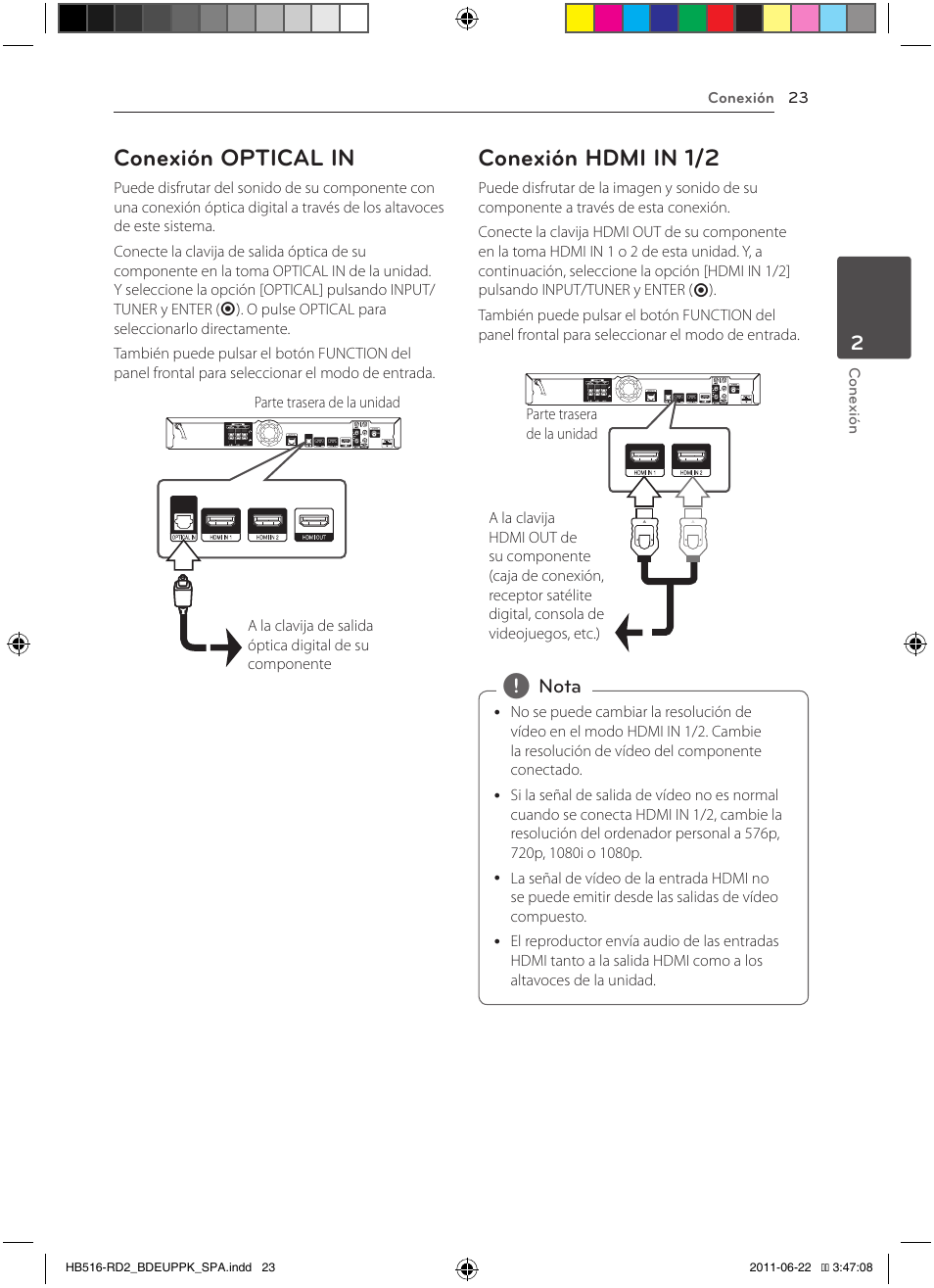 23 – conexión optical in 23 – conexión hdmi in 1/2, Conexión optical in, Conexión hdmi in 1/2 | Pioneer BCS-HW919 User Manual | Page 293 / 412