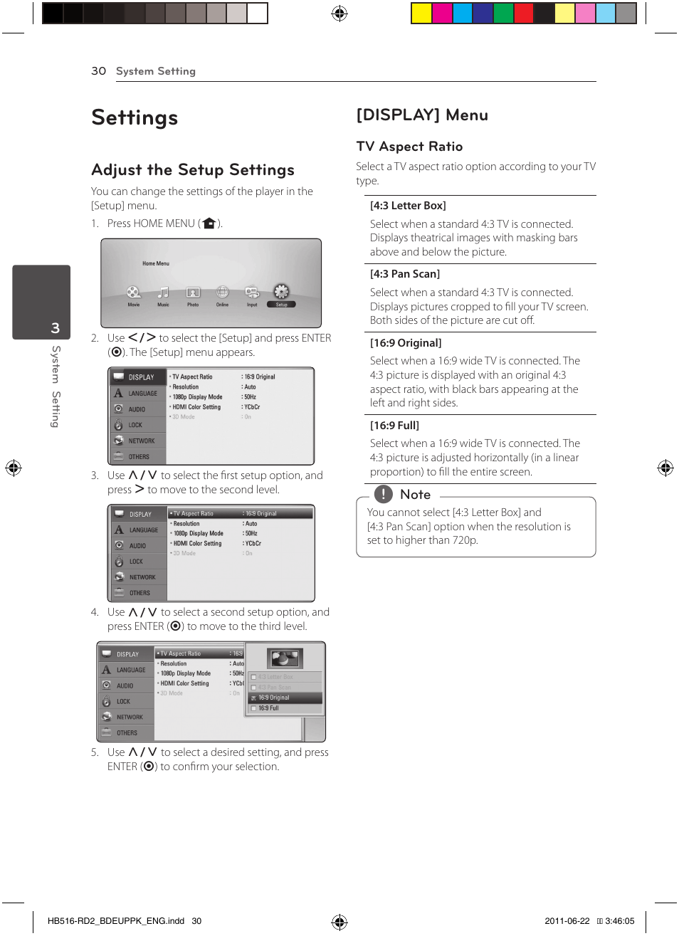 Settings, Adjust the setup settings, Display] menu | Pioneer BCS-HW919 User Manual | Page 30 / 412