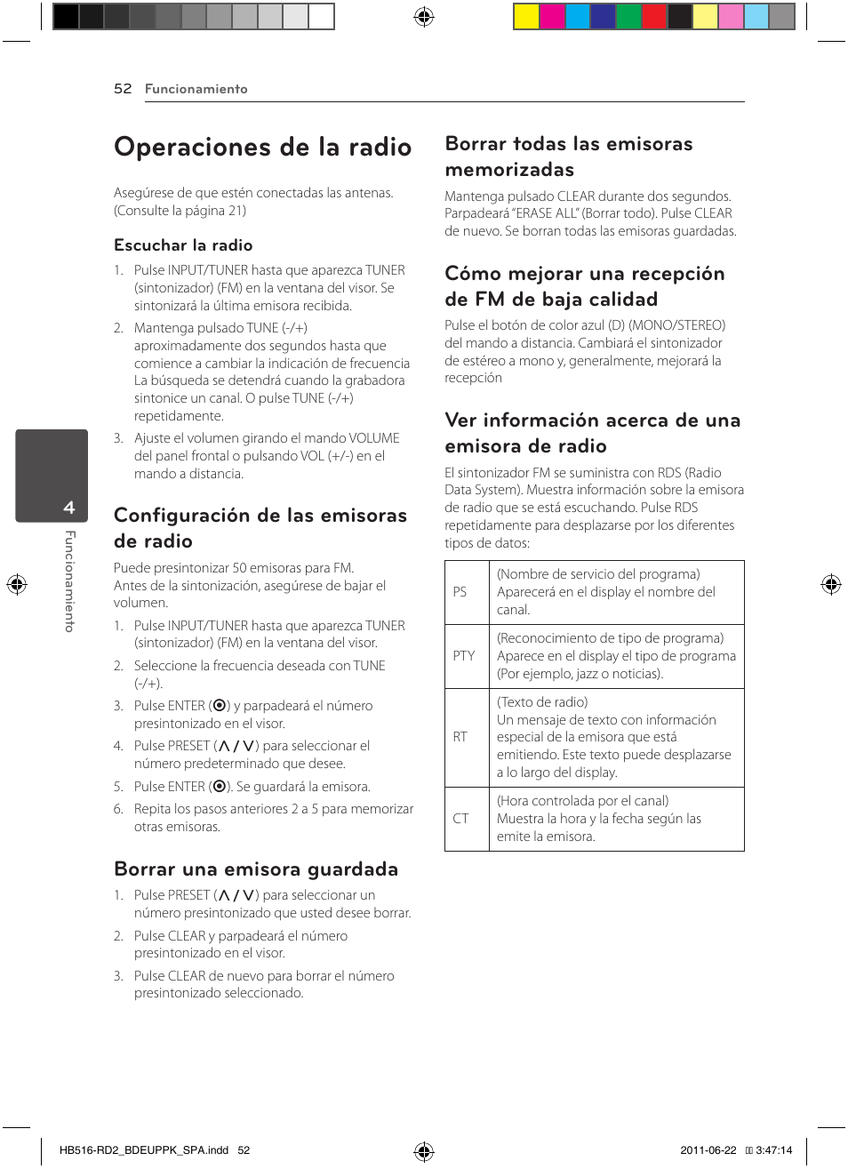 Radio, Memorizadas, 52 – cómo mejorar una recepción de fm | De baja calidad, 52 – ver información acerca de una, Emisora de radio, Operaciones de la radio, Configuración de las emisoras de radio, Borrar una emisora guardada, Cómo mejorar una recepción de fm de baja calidad | Pioneer BCS-HW919 User Manual | Page 322 / 412