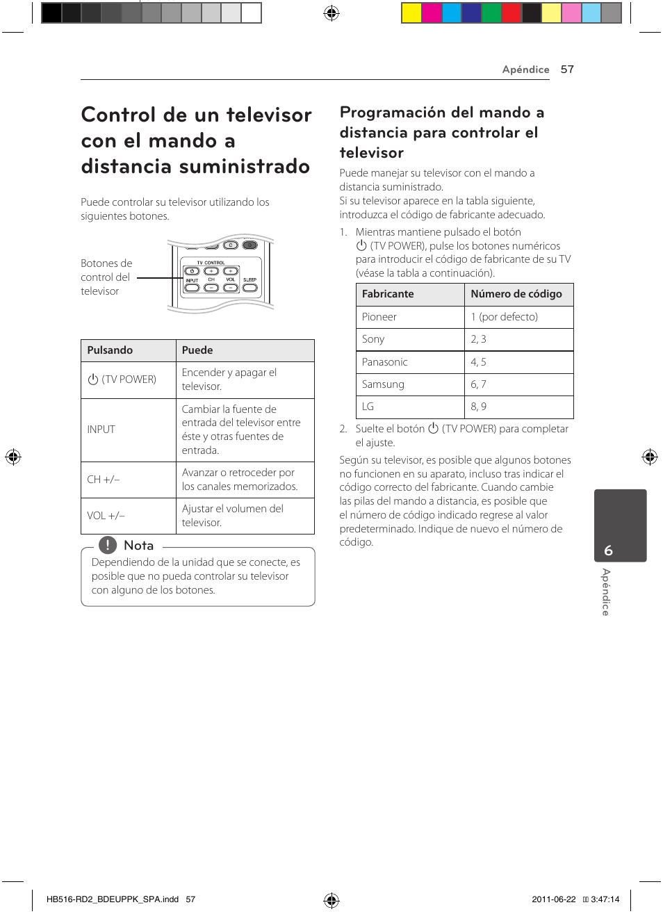 57 control de un televisor con el mando a, Distancia suministrado, 57 – programación del mando a distancia | Para controlar el televisor | Pioneer BCS-HW919 User Manual | Page 327 / 412