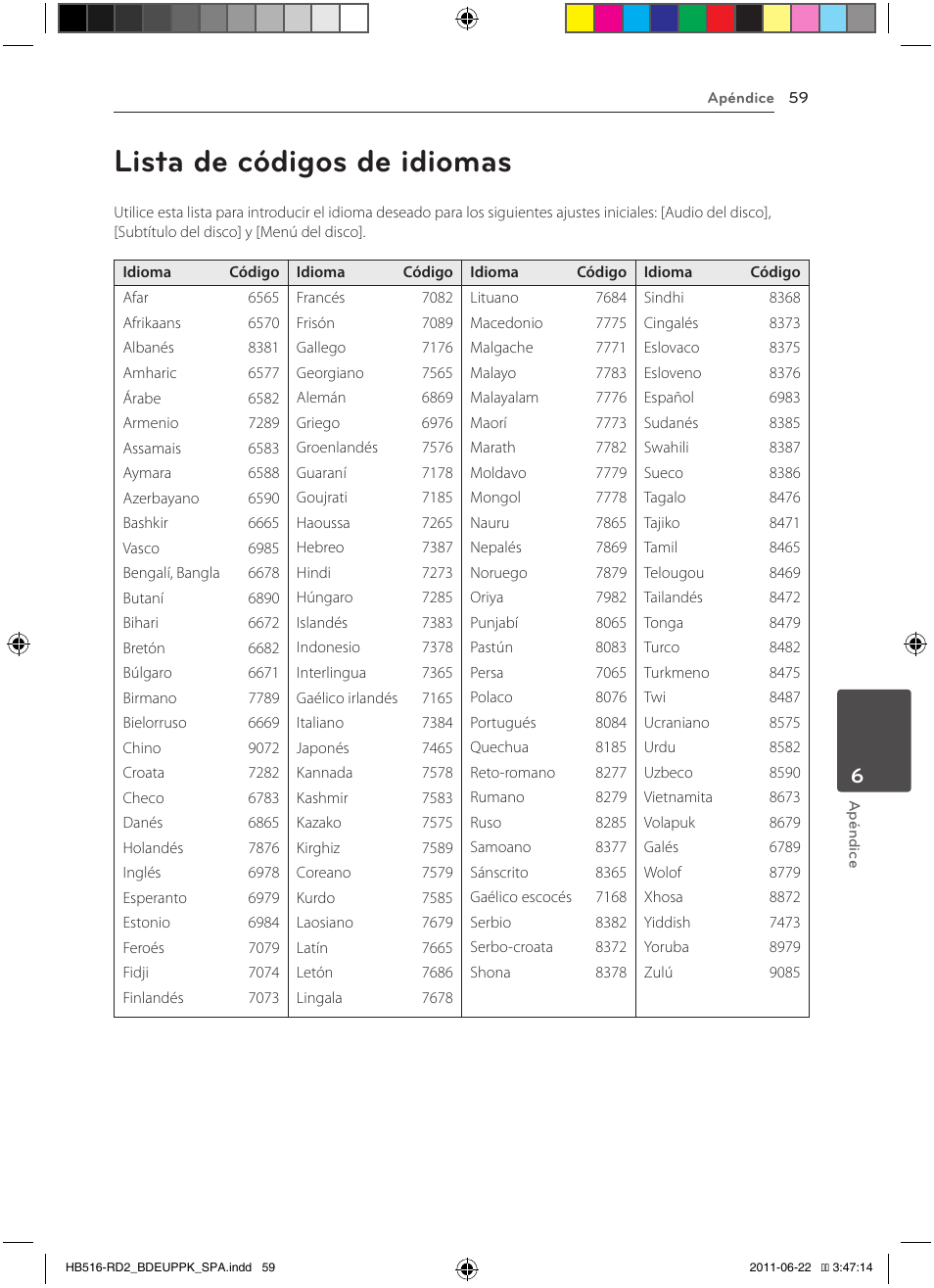 59 lista de códigos de idiomas, Lista de códigos de idiomas | Pioneer BCS-HW919 User Manual | Page 329 / 412