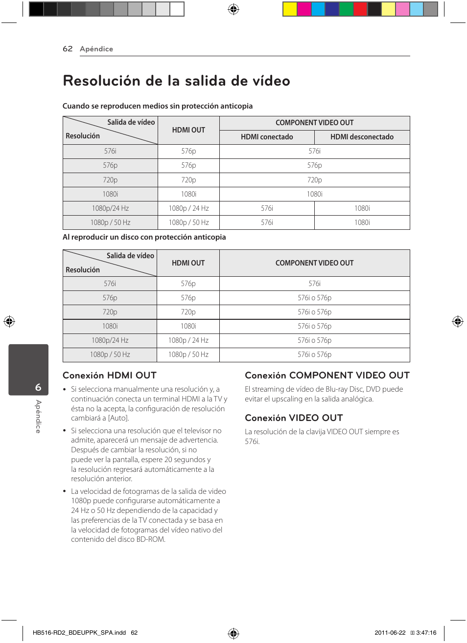 62 resolución de la salida de vídeo, Resolución de la salida de vídeo, Conexión hdmi out | Conexión component video out, Conexión video out | Pioneer BCS-HW919 User Manual | Page 332 / 412