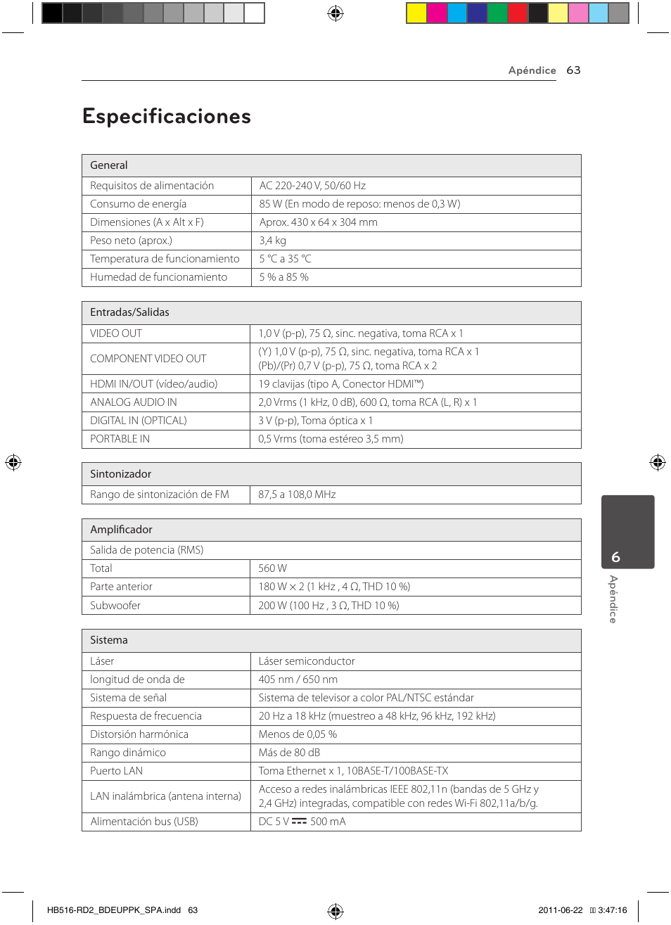 63 especificaciones, Especificaciones | Pioneer BCS-HW919 User Manual | Page 333 / 412