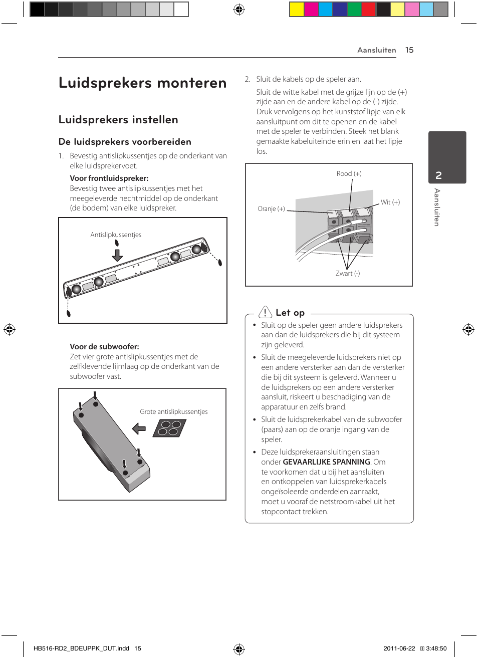 Luidsprekers monteren, 15 – luidsprekers instellen, Luidsprekers instellen | De luidsprekers voorbereiden, Let op | Pioneer BCS-HW919 User Manual | Page 351 / 412