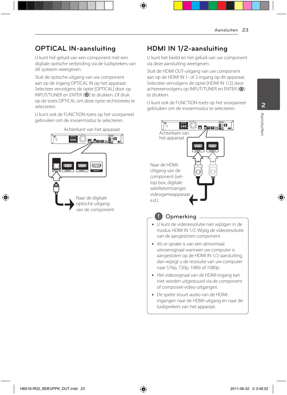 23 – optical in-aansluiting, 23 – hdmi in 1/2-aansluiting, Optical in-aansluiting | Hdmi in 1/2-aansluiting | Pioneer BCS-HW919 User Manual | Page 359 / 412