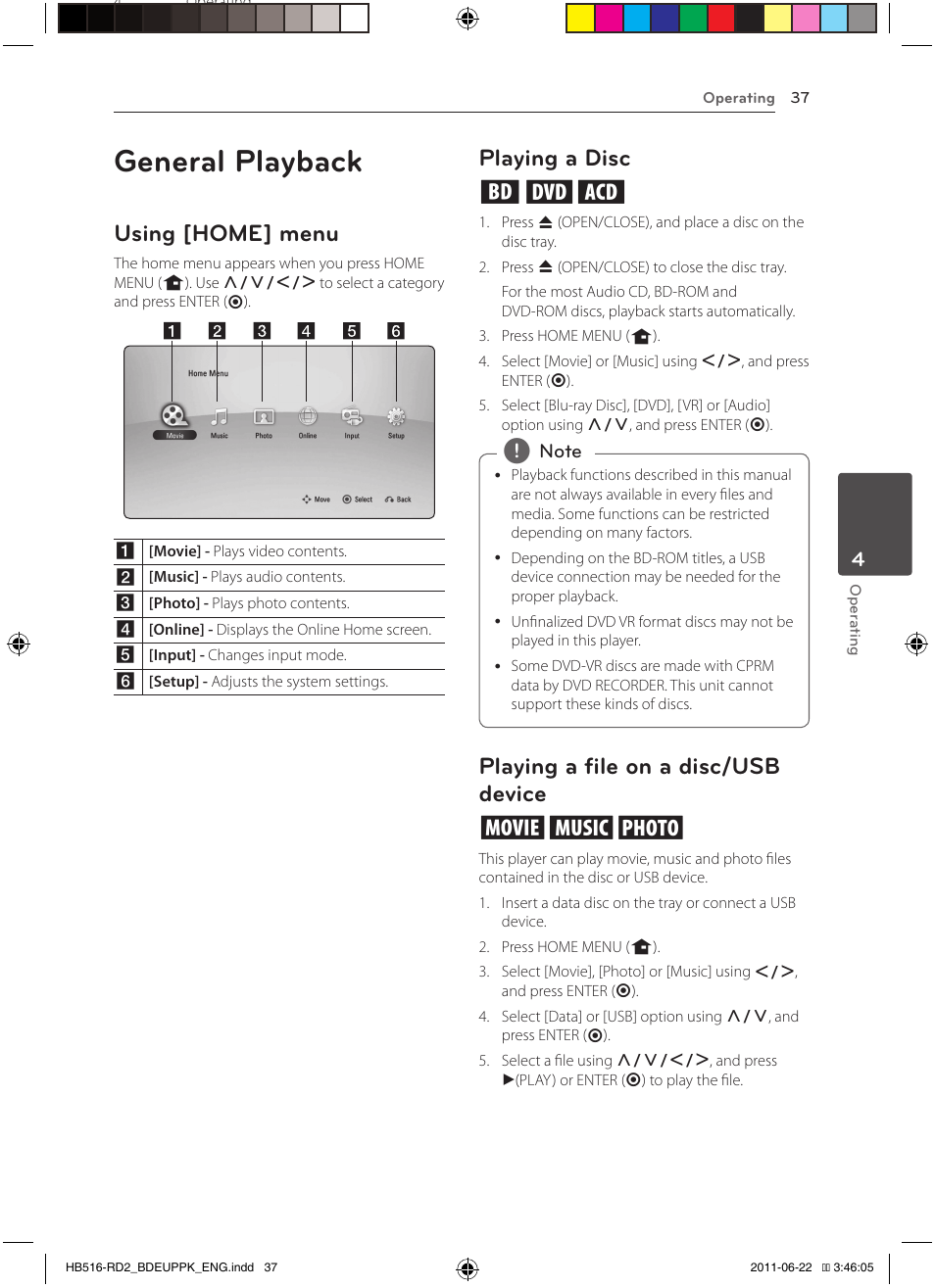 General playback, Using [home] menu, Playing a disc ert | Playing a file on a disc/usb device yui | Pioneer BCS-HW919 User Manual | Page 37 / 412