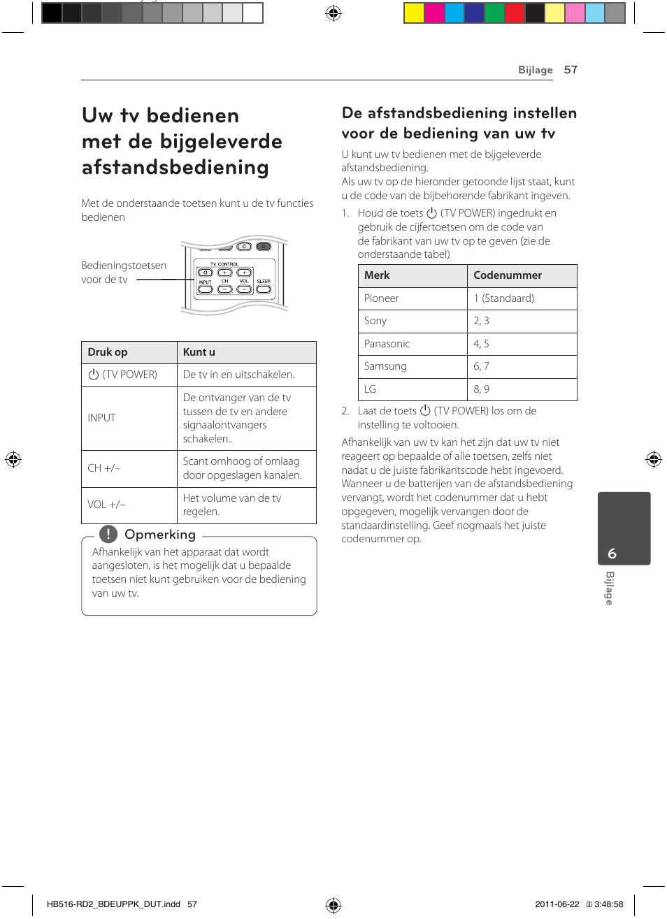 57 uw tv bedienen met de bijgeleverde, Afstandsbediening, 57 – de afstandsbediening instellen voor | De bediening van uw tv | Pioneer BCS-HW919 User Manual | Page 393 / 412