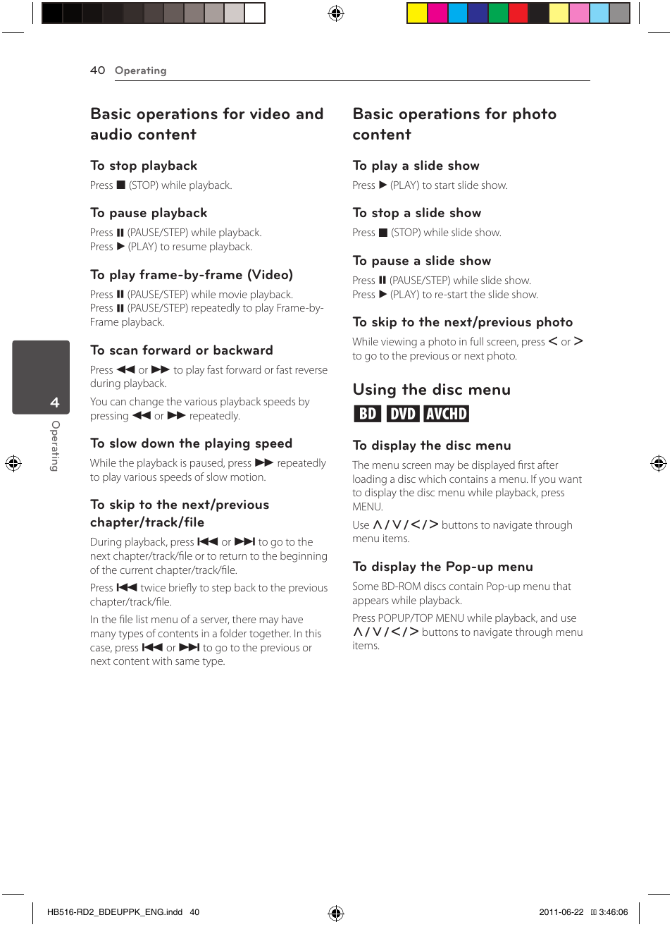 40 – basic operations for video and audio, Content, Basic operations for video and audio content | Basic operations for photo content, Using the disc menu ero | Pioneer BCS-HW919 User Manual | Page 40 / 412