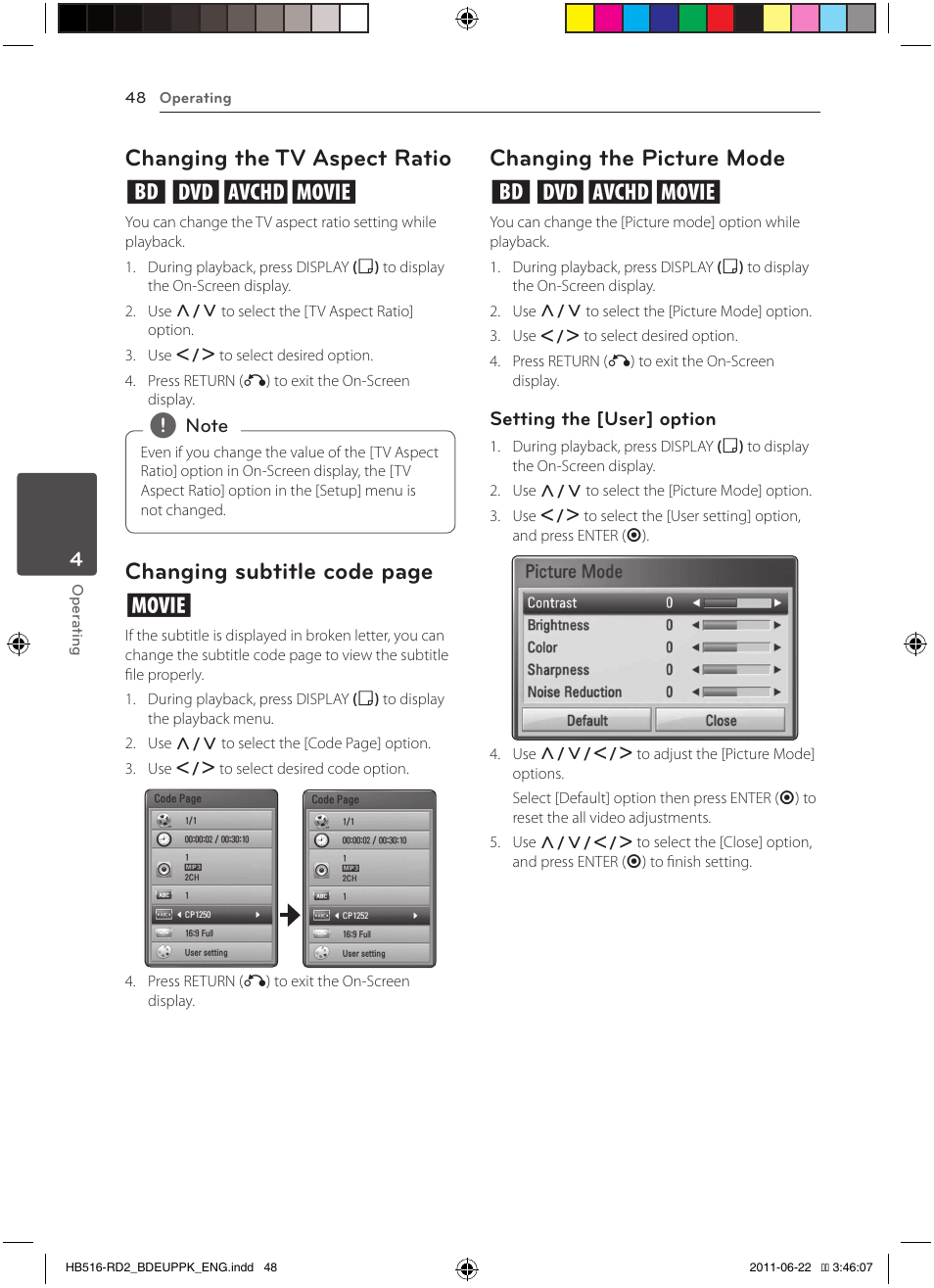 Changing the tv aspect ratio eroy, Changing subtitle code page y, Changing the picture mode eroy | Pioneer BCS-HW919 User Manual | Page 48 / 412