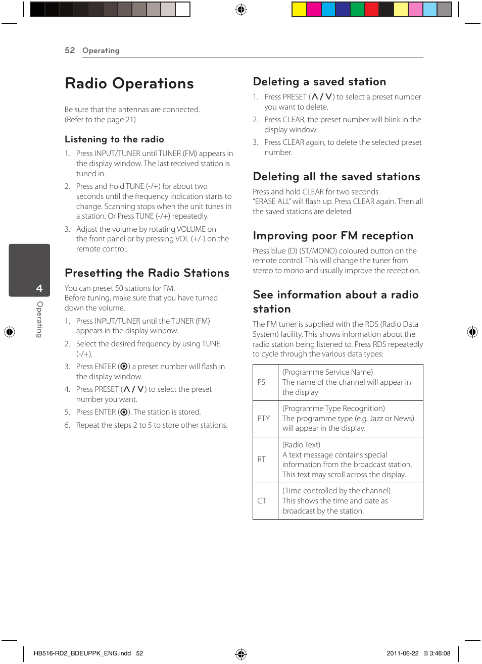 Radio operations, Presetting the radio stations, Deleting a saved station | Deleting all the saved stations, Improving poor fm reception, See information about a radio station | Pioneer BCS-HW919 User Manual | Page 52 / 412