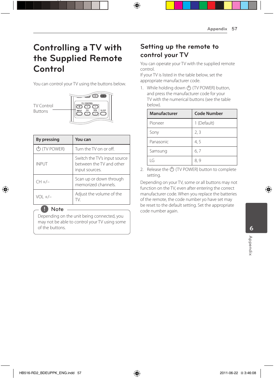 57 controlling a tv with the supplied, Remote control, 57 – setting up the remote to control your | Controlling a tv with the supplied remote control, Setting up the remote to control your tv | Pioneer BCS-HW919 User Manual | Page 57 / 412