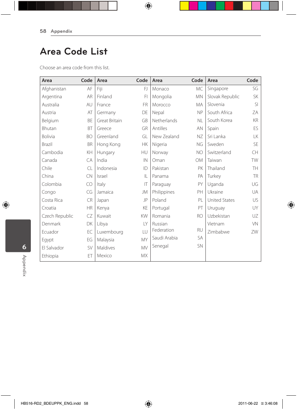 58 area code list, Area code list | Pioneer BCS-HW919 User Manual | Page 58 / 412