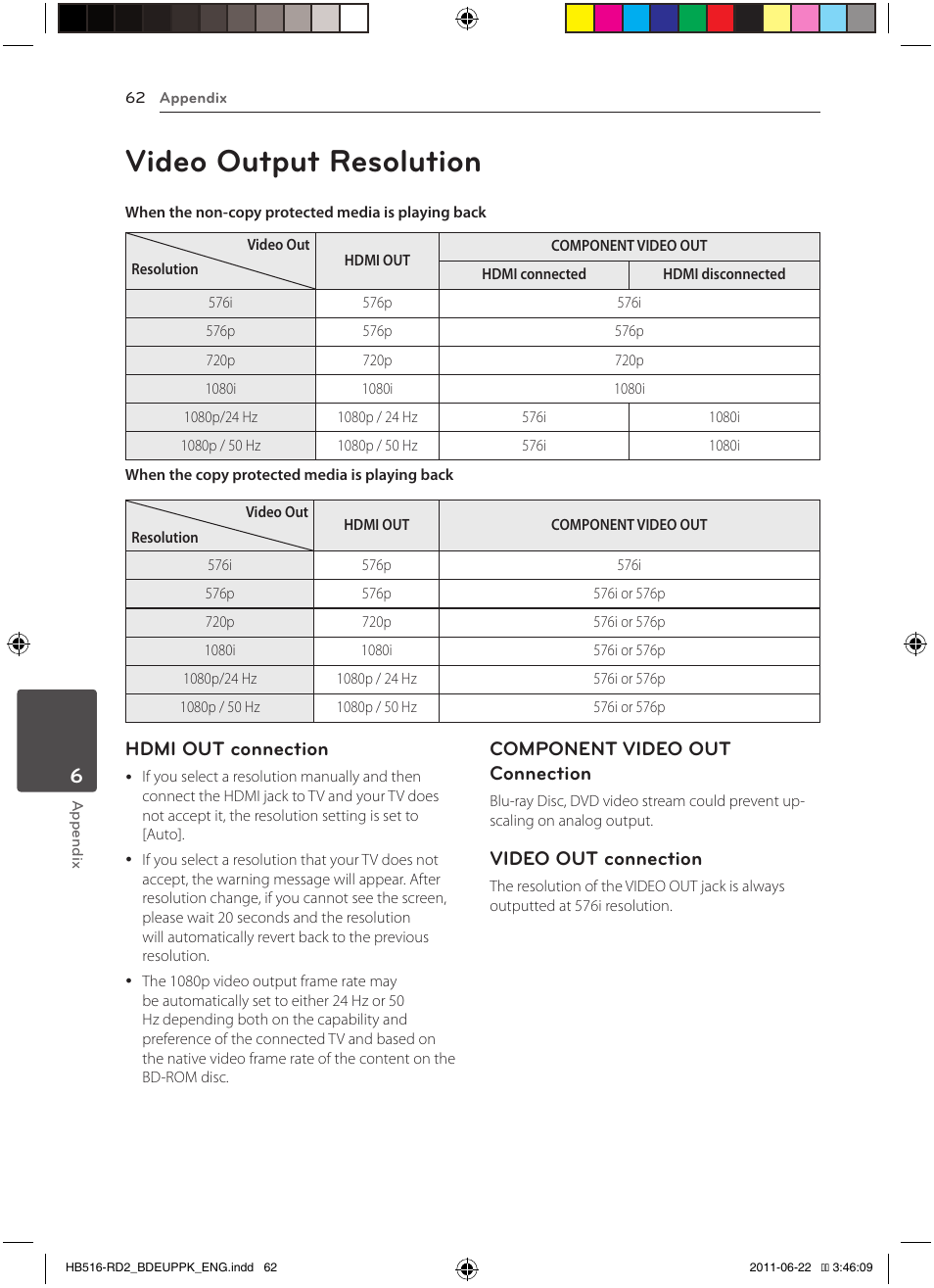 62 video output resolution, Video output resolution, Hdmi out connection | Component video out connection, Video out connection | Pioneer BCS-HW919 User Manual | Page 62 / 412