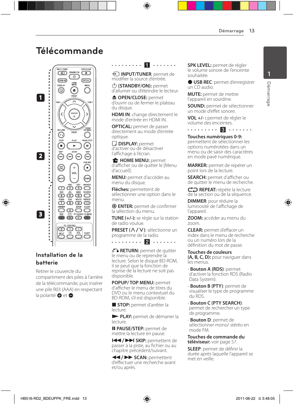 Télécommande, Installation de la batterie | Pioneer BCS-HW919 User Manual | Page 79 / 412