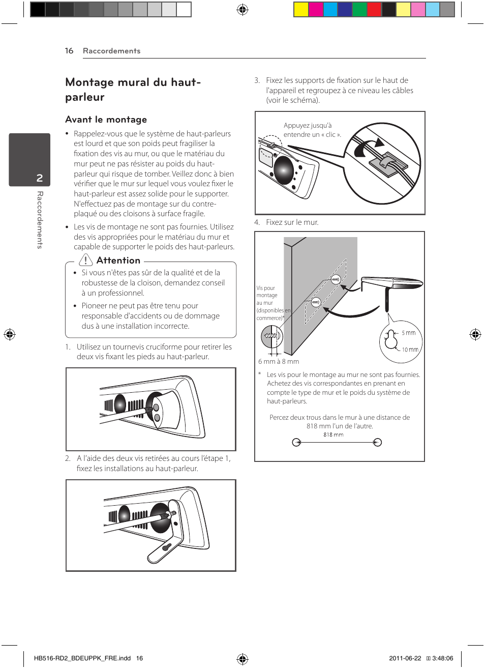 16 – montage mural du haut-parleur, Montage mural du haut- parleur, Avant le montage | Attention | Pioneer BCS-HW919 User Manual | Page 82 / 412